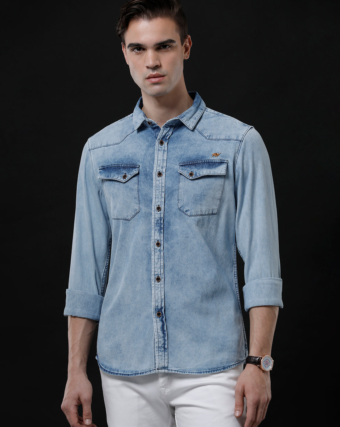 Men's Slim Fit Solid Denim Casual Shirt (ANANT)