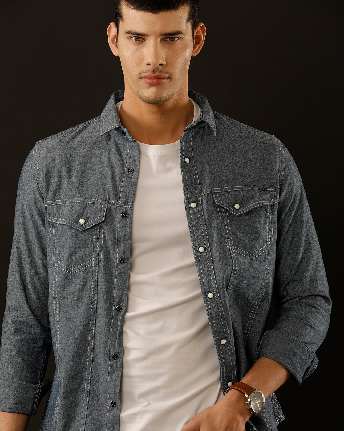 Men's Slim Fit Solid Denim Casual Shirt (ASMAT)