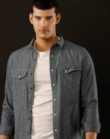 Men's Slim Fit Solid Denim Casual Shirt (ASMAT)