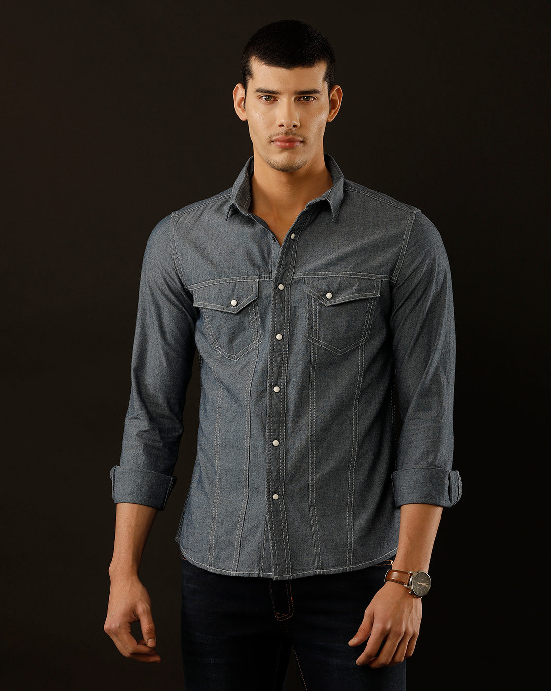 Men's Slim Fit Solid Denim Casual Shirt (ASMAT)