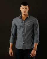 Men's Slim Fit Solid Denim Casual Shirt (ASMAT)