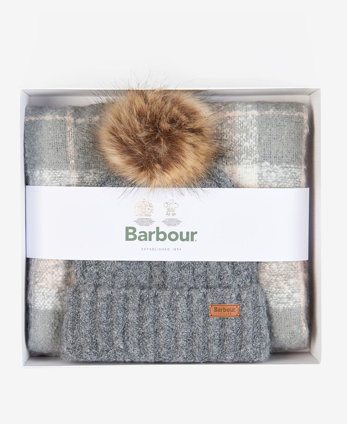 Barbour SALTBURN BEANIE & TARTAN SCARF Womens Gift Set Grey Rose