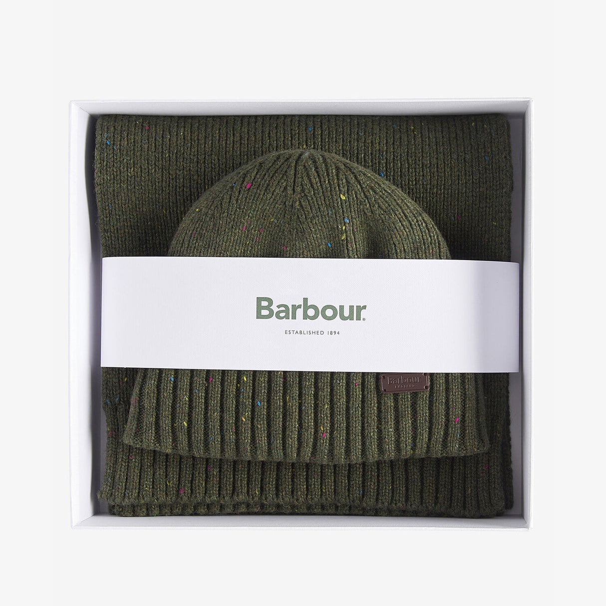Barbour CARLTON FLECK BEANIE & SCARF Gift Set Mens Olive