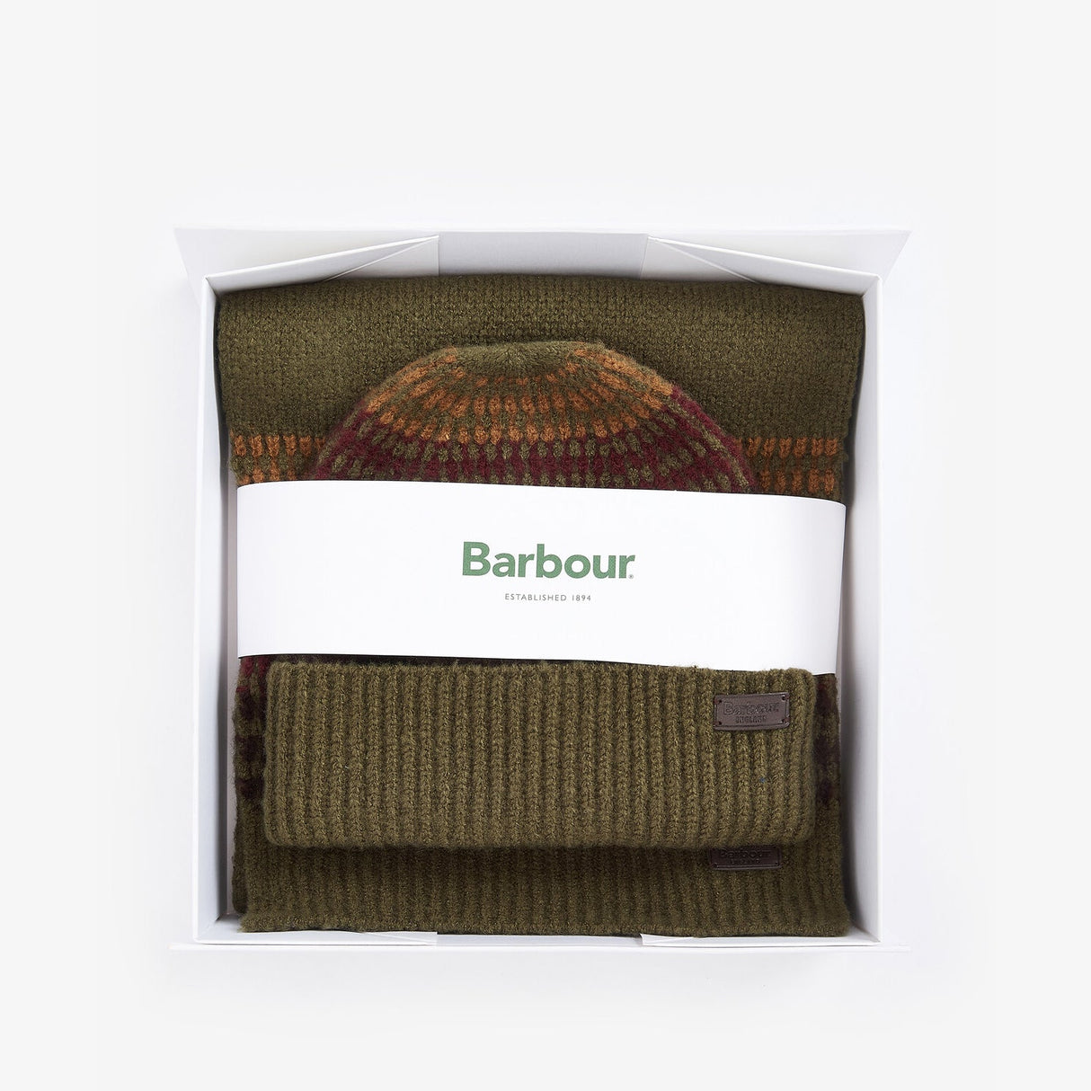 Barbour BRANTON BEANIE & SCARF Gift Set Mens Army Green