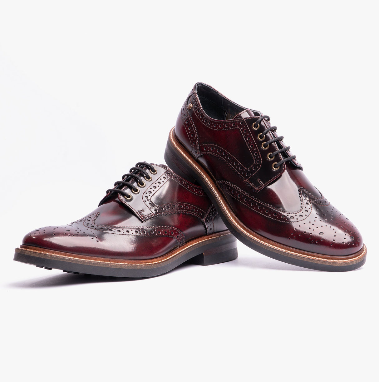 Base London WOBURN Mens Polished Leather Brogue Shoes Oxblood
