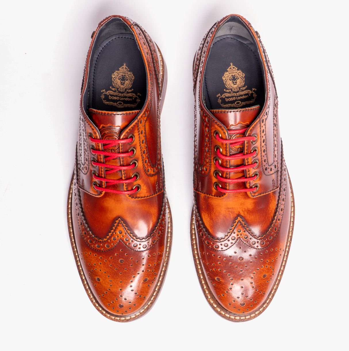 Base London WOBURN Mens Polished Leather Brogue Shoes Tan
