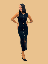 Black Bodycon Belted Midi Pencil Dress With Gold Buttons