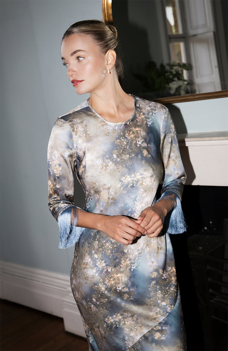 Dolly Fringe Sleeve Dress in Blue Print