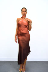 Pink Satin Ombre Asymmetrical Tie Neck Slip Midi Dress