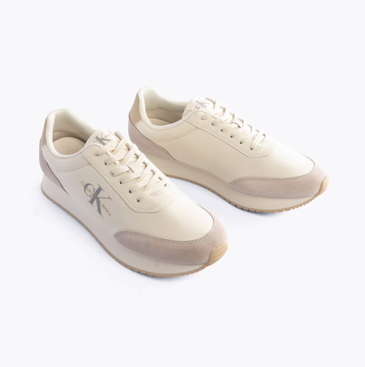 Calvin Klein RETRO RUNNER LOW MIX Mens Trainers Creamy White/Eggshell/Khaki