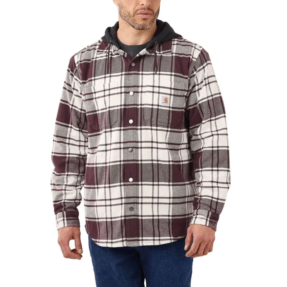 Carhartt 105621 Rugged Flex Relaxed Fit Flannel Fleece Lined Hooded Jacket Shirt Malt Medium