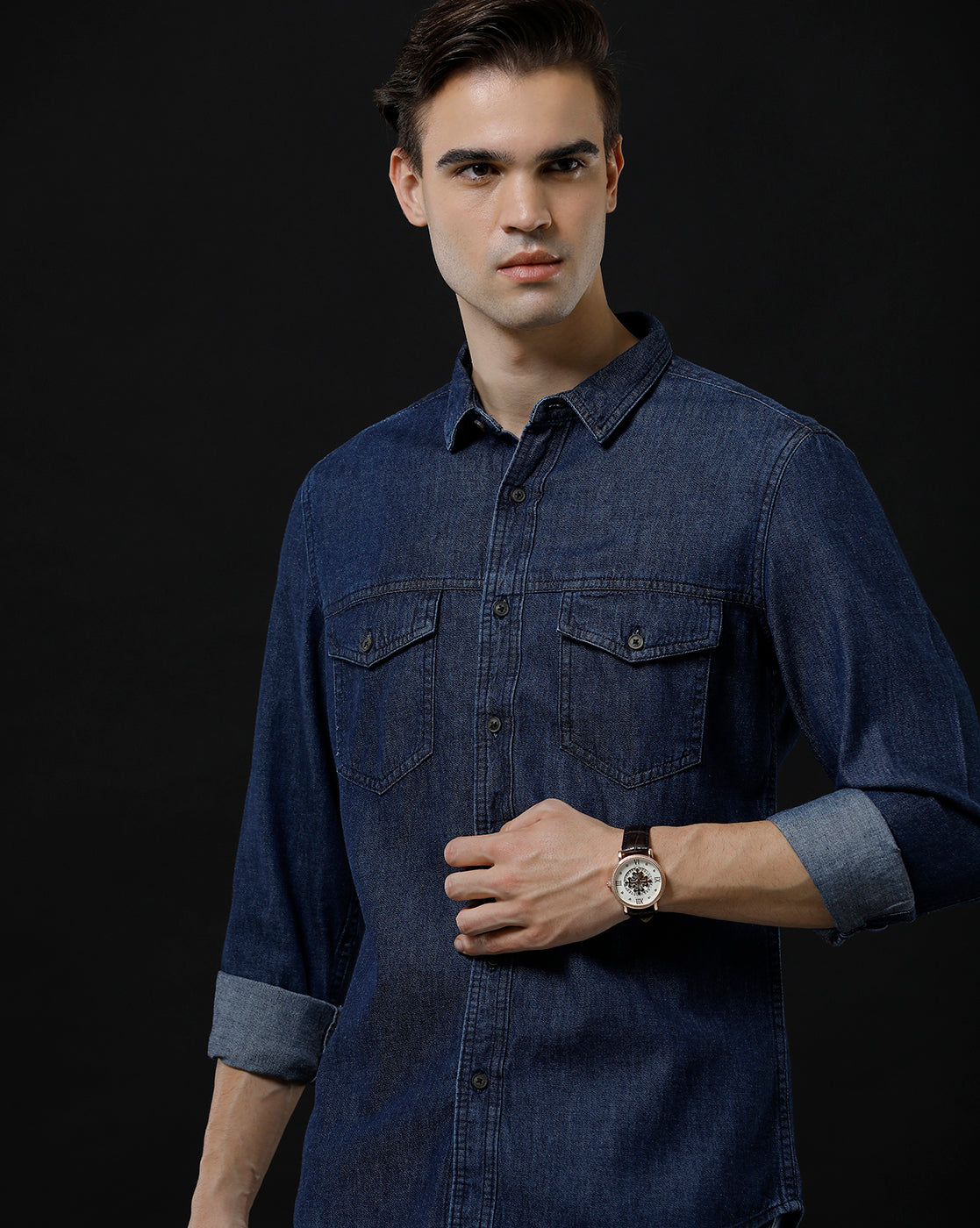 Men's Slim Fit Solid Denim Casual Shirt (DRAIN)