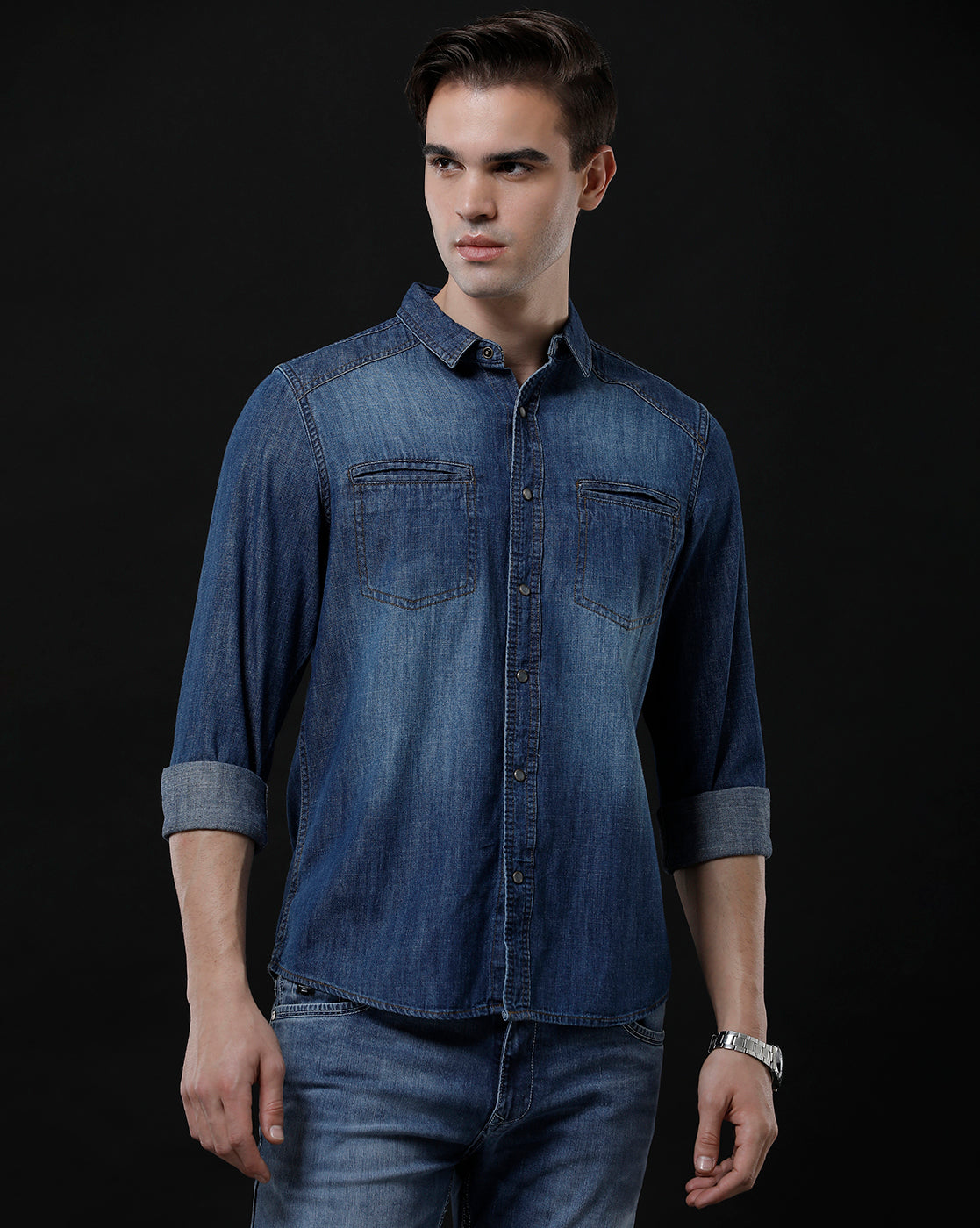 Men's Slim Fit Solid Denim Casual Shirt (DRIVE)