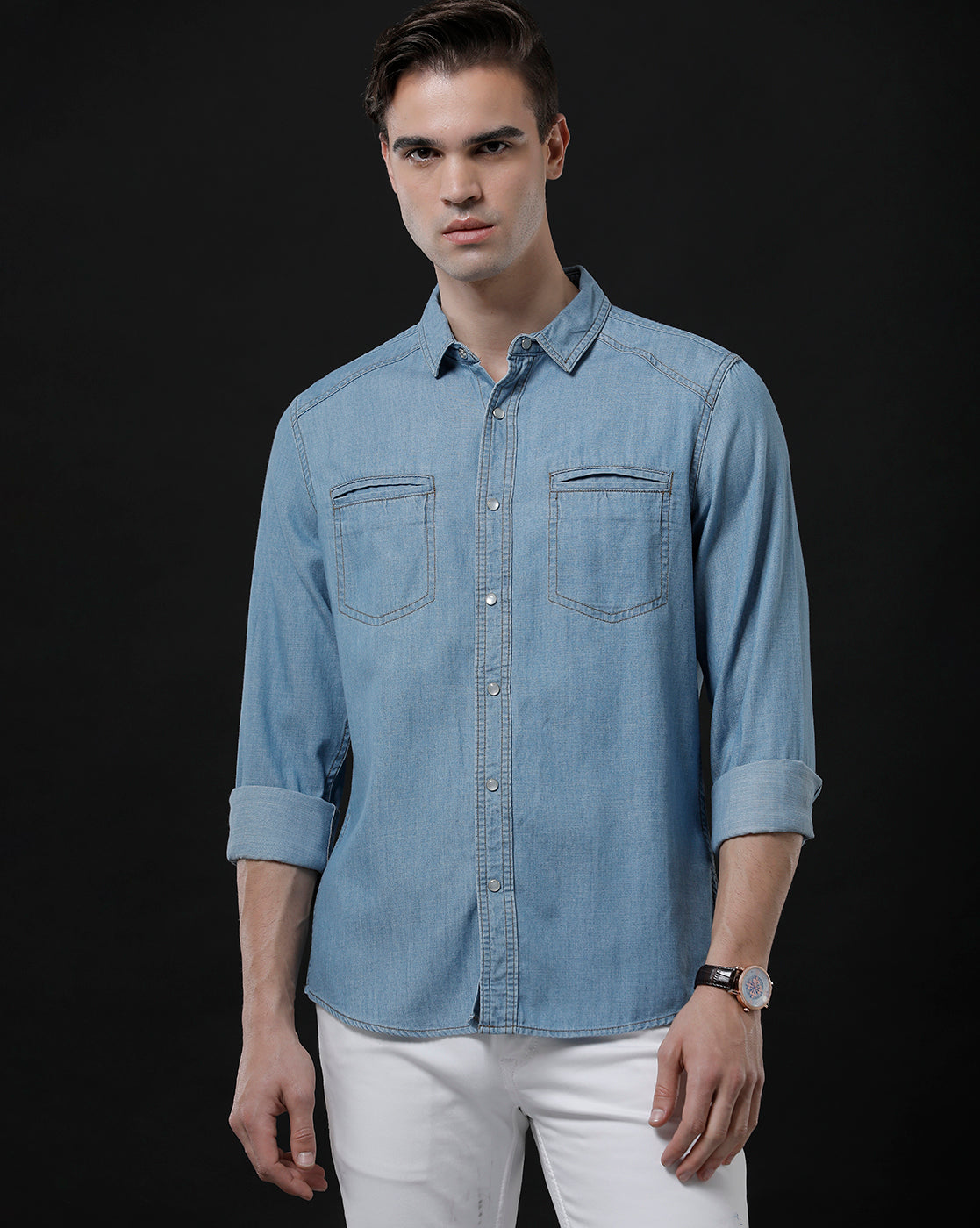Men's Slim Fit Solid Denim Casual Shirt (DRIZE)