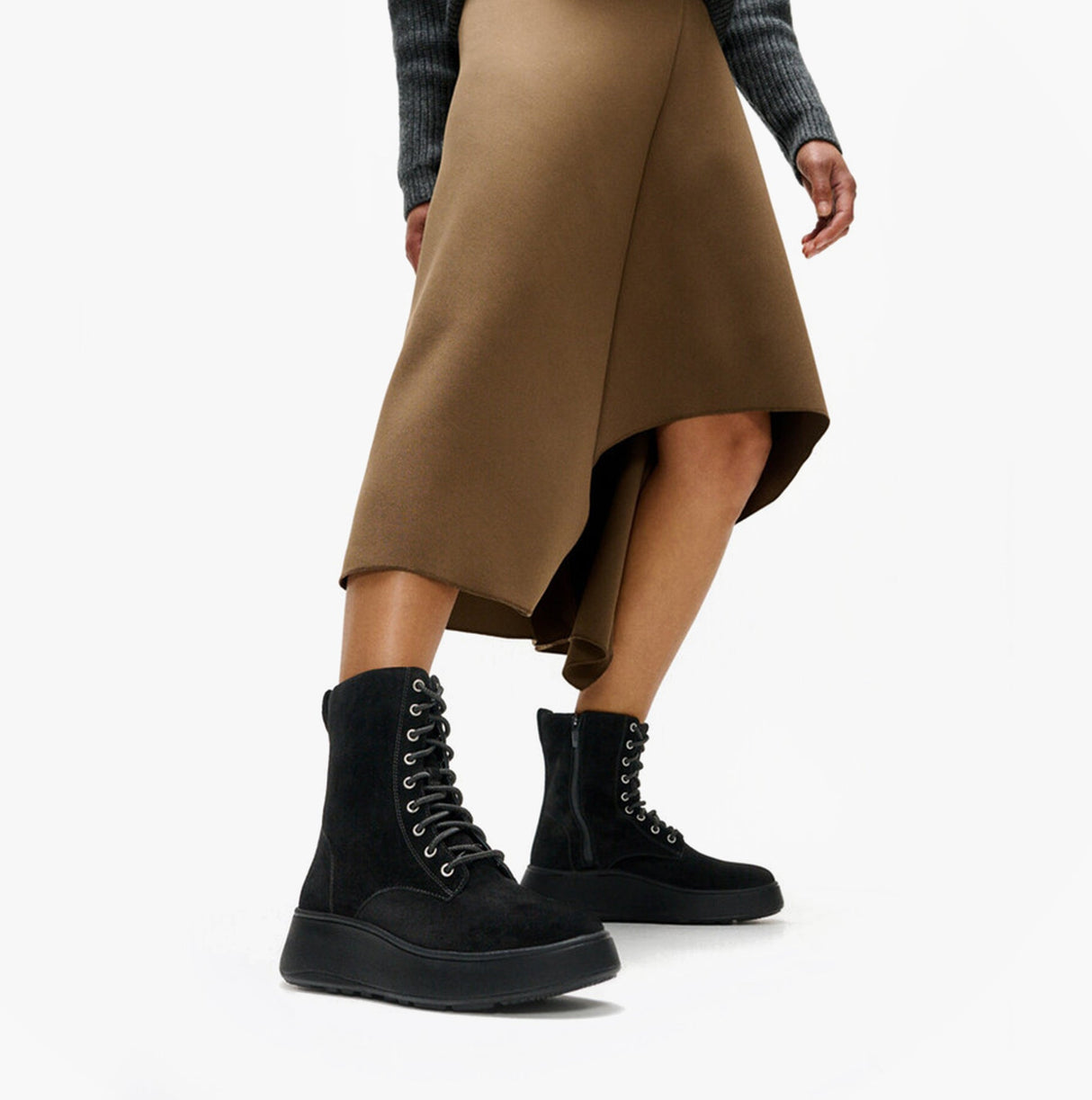 FitFlop F-MODE SUEDE LACE-UP FLATFORM Ladies Ankle Boots All Black