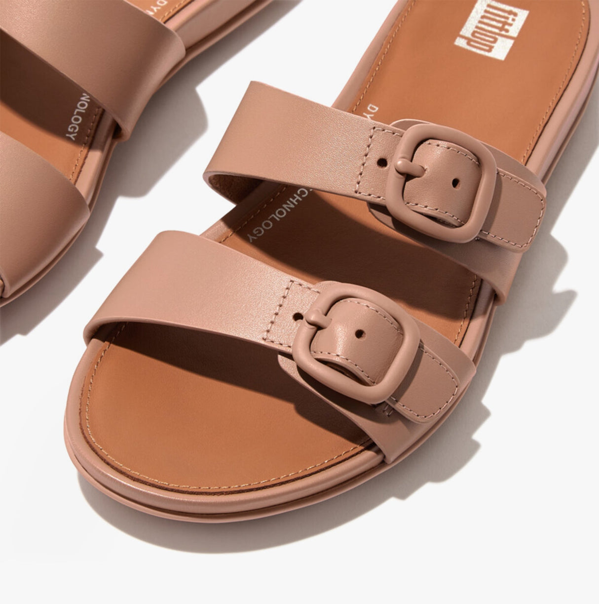 FitFlop GRACIE Womens Rubber-Buckle Leather Two-Bar Sliders Beige