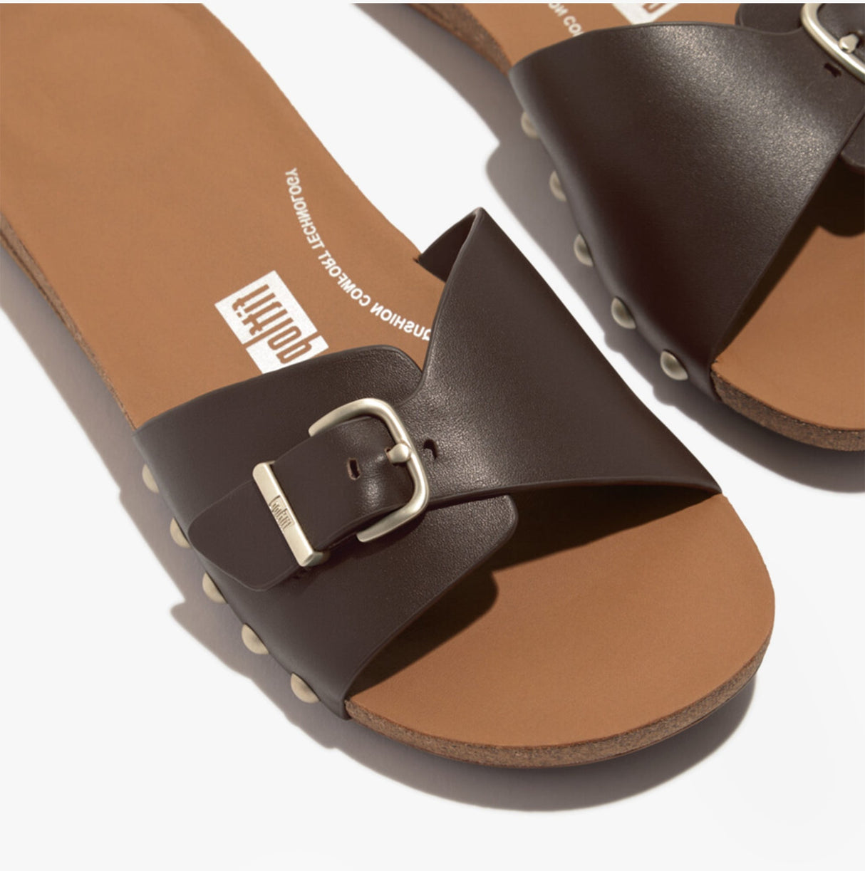 FitFlop iQUSHION ADJUSTABLE BUCKLE LEATHER Womens Slides Chocolate Brown