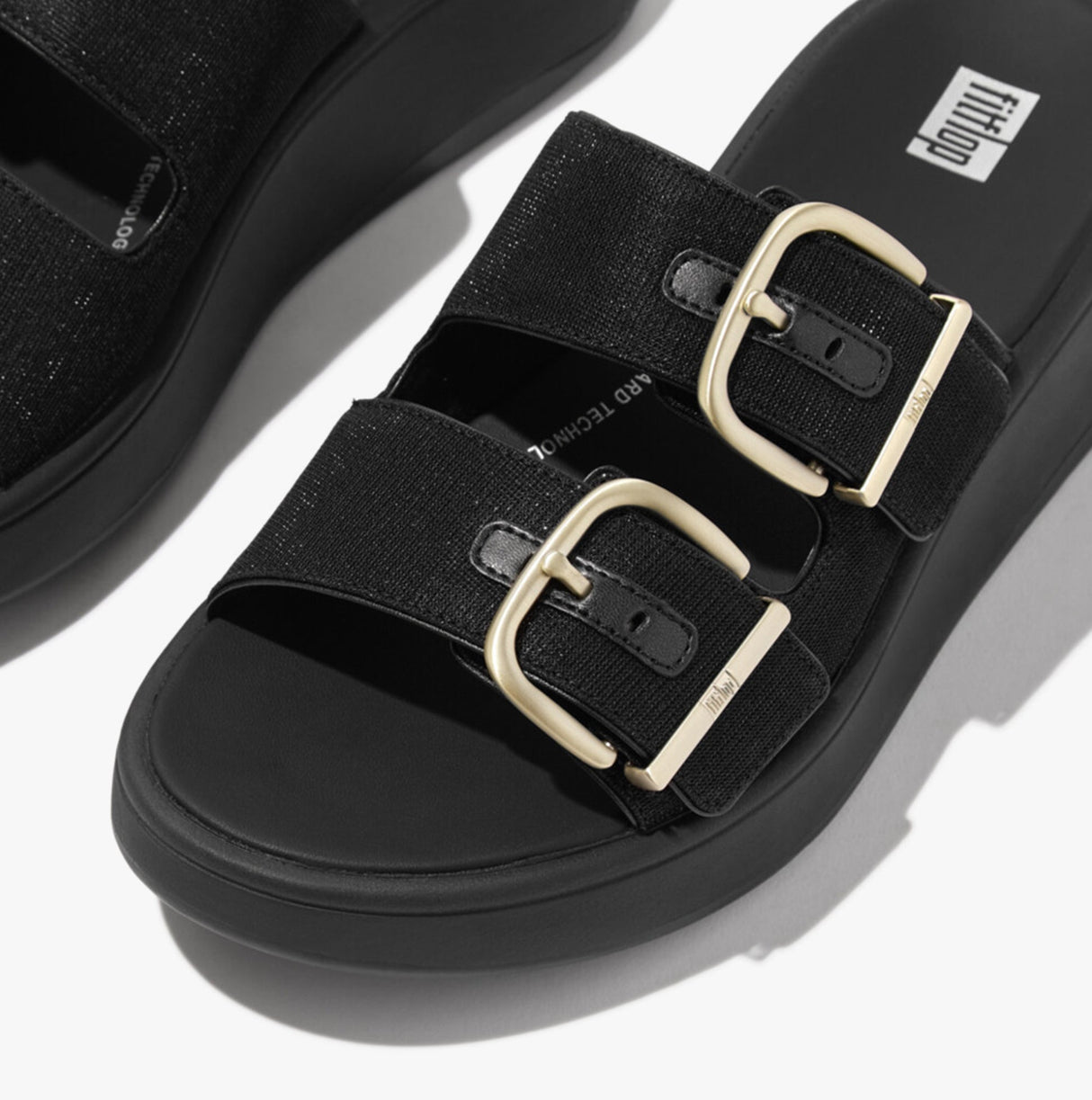 FitFlop F-MODE BUCKLE SHIMMERLUX FLATFORM TWO-BAR Womens Slides Black
