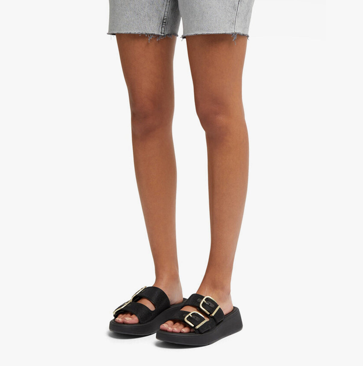 FitFlop F-MODE BUCKLE SHIMMERLUX FLATFORM TWO-BAR Womens Slides Black