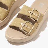 FitFlop F-MODE BUCKLE SHIMMERLUX FLATFORM TWO-BAR Womens Slides Platino