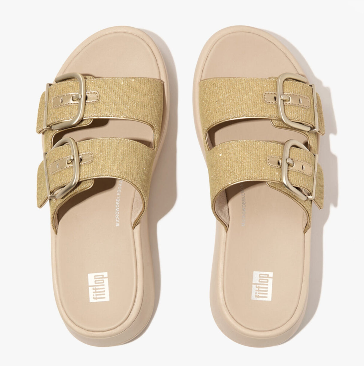 FitFlop F-MODE BUCKLE SHIMMERLUX FLATFORM TWO-BAR Womens Slides Platino