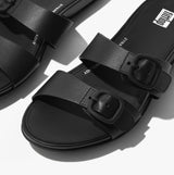 FitFlop GRACIE Womens Rubber-Buckle Leather Two-Bar Sliders All Black