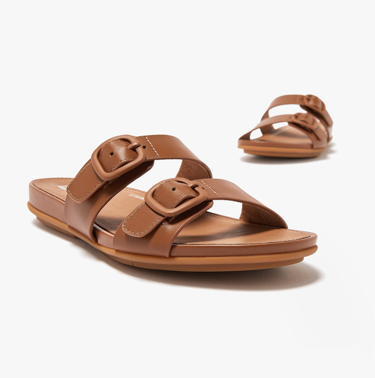 FitFlop GRACIE Womens Rubber-Buckle Leather Two-Bar Sliders Light Tan