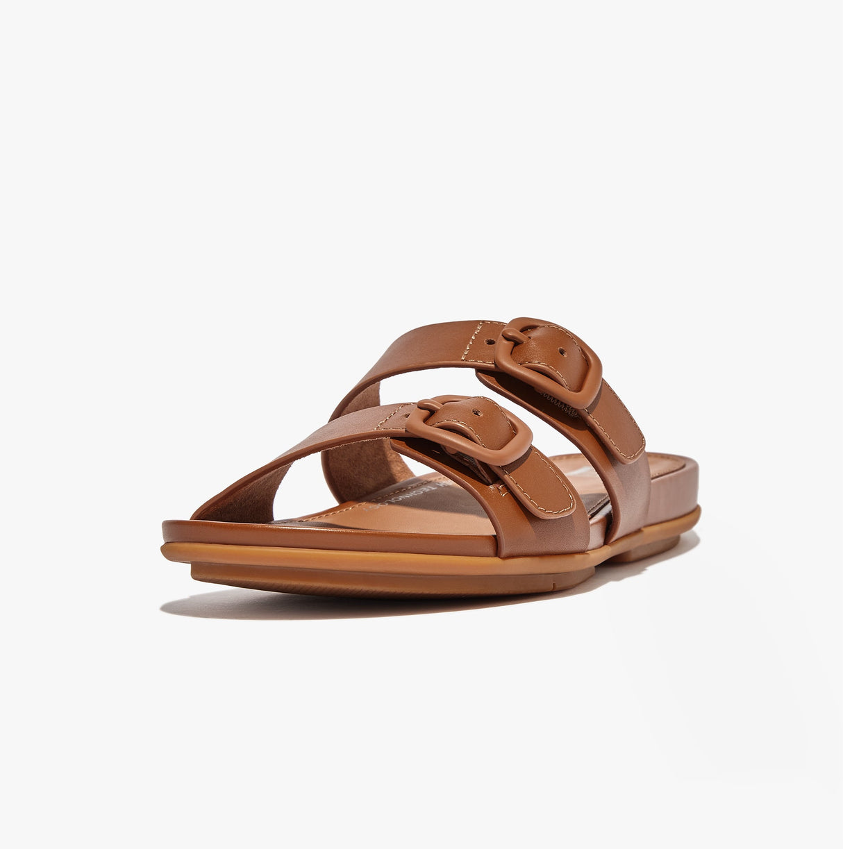 FitFlop GRACIE Womens Rubber-Buckle Leather Two-Bar Sliders Light Tan