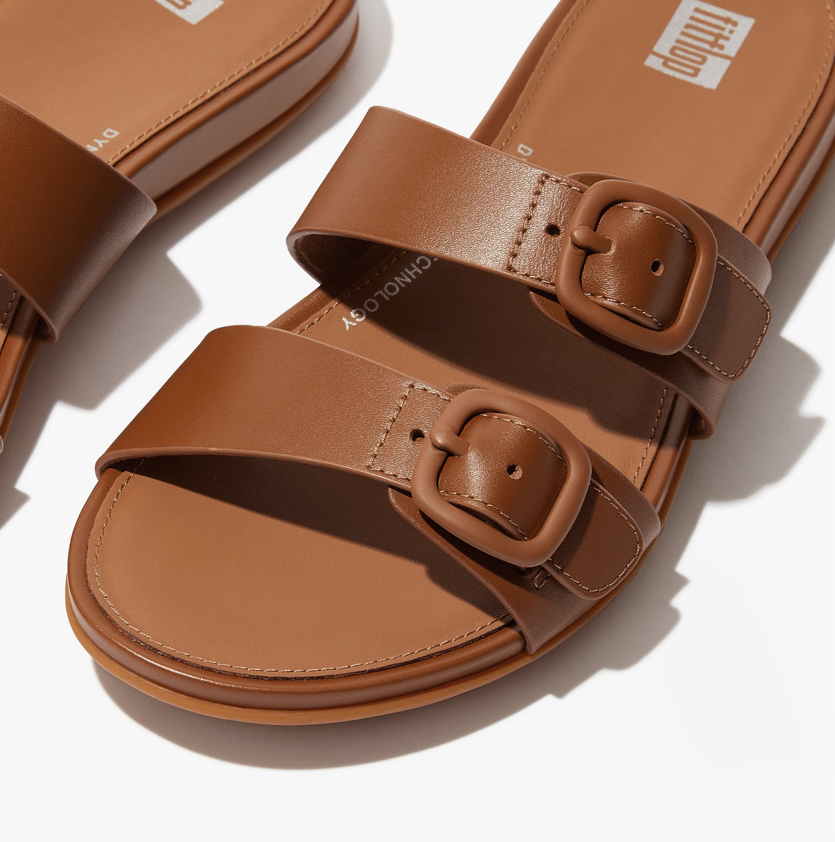 FitFlop GRACIE Womens Rubber-Buckle Leather Two-Bar Sliders Light Tan