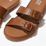 FitFlop GRACIE Womens Rubber-Buckle Leather Two-Bar Sliders Light Tan
