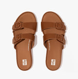FitFlop GRACIE Womens Rubber-Buckle Leather Two-Bar Sliders Light Tan