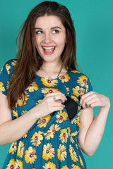 The Knee Length Breastfeeding Dress - Blue Sunflower Cotton
