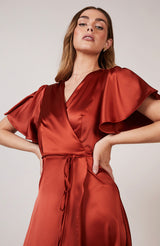 Florence Waterfall Dress in Burnt Orange Satin