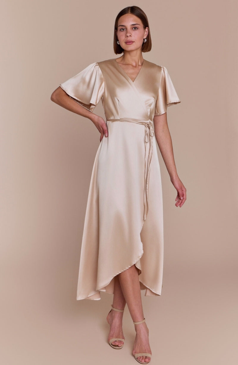 Florence Waterfall Dress in Champagne Satin