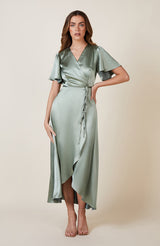 Florence Waterfall Dress in Sage Green Satin