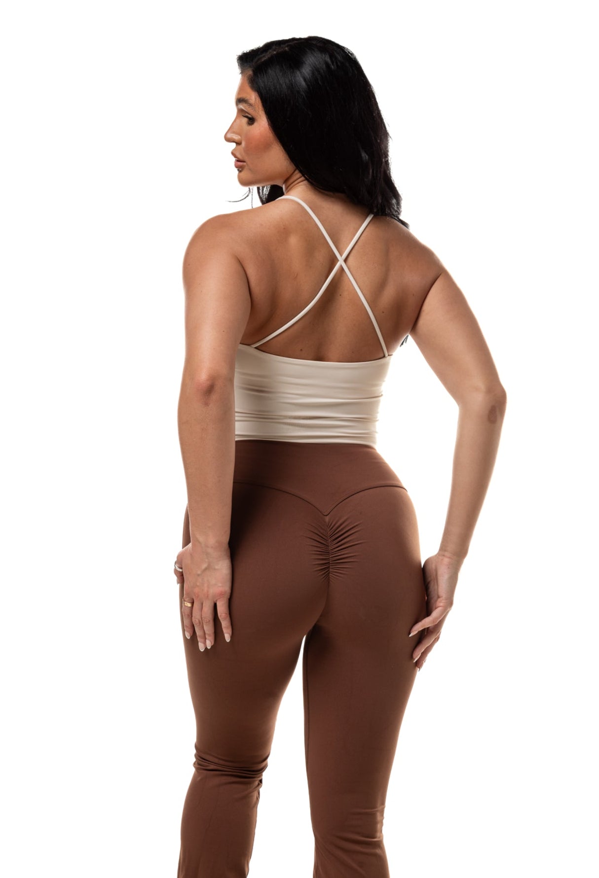 Mix And Match Beige Cross Top & Hot chocolate Scrunch Yoga Pants