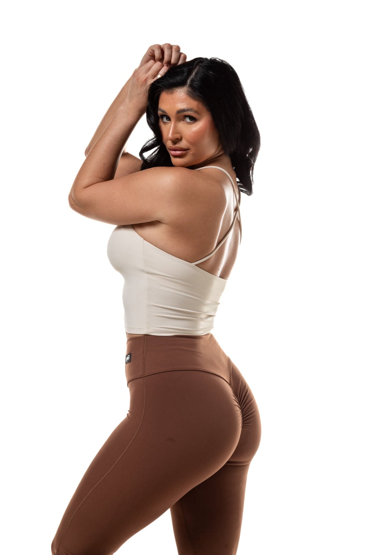 Mix And Match Beige Cross Top & Hot chocolate Scrunch Yoga Pants