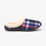 HOS Comfort SOPHIE Womens Teddy Lined Checked Mules Navy