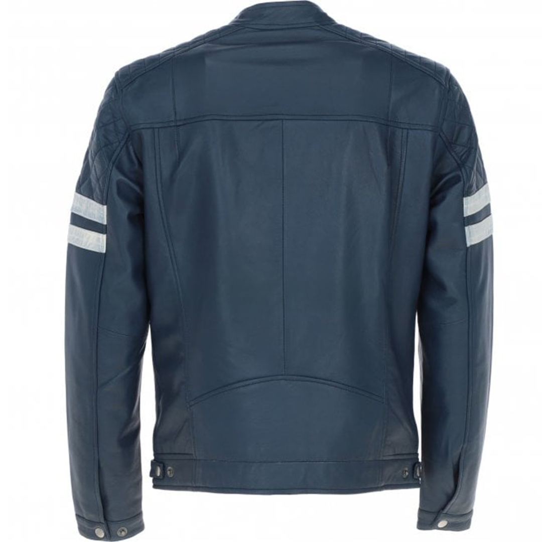 Men's Leather Motorcycle Jacket with Quilted Shoulder & White Stripes | Blue & Black