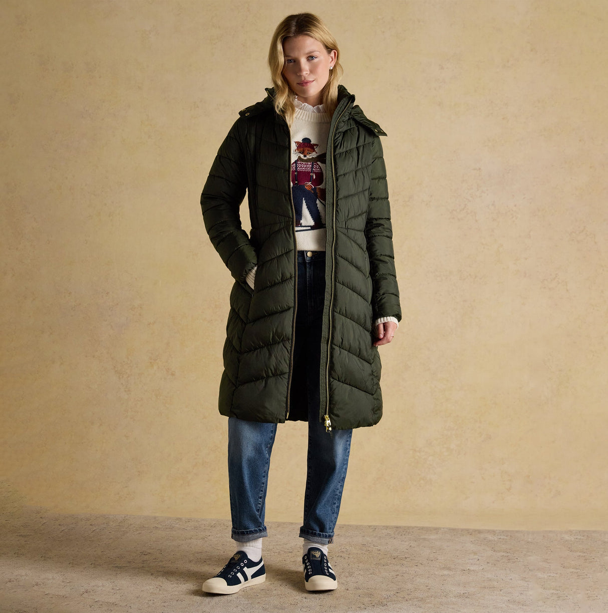 Joules PEMBURY Showerproof Longline Padded Coat with Hood Khaki
