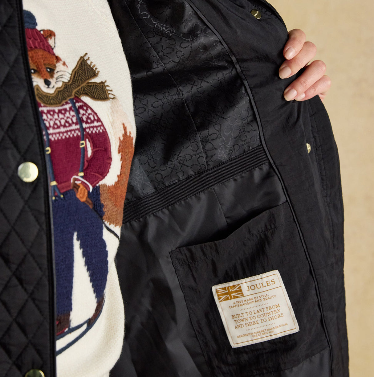 Joules ROSEWELL Longline Quilted Showerproof Coat with Collar Black