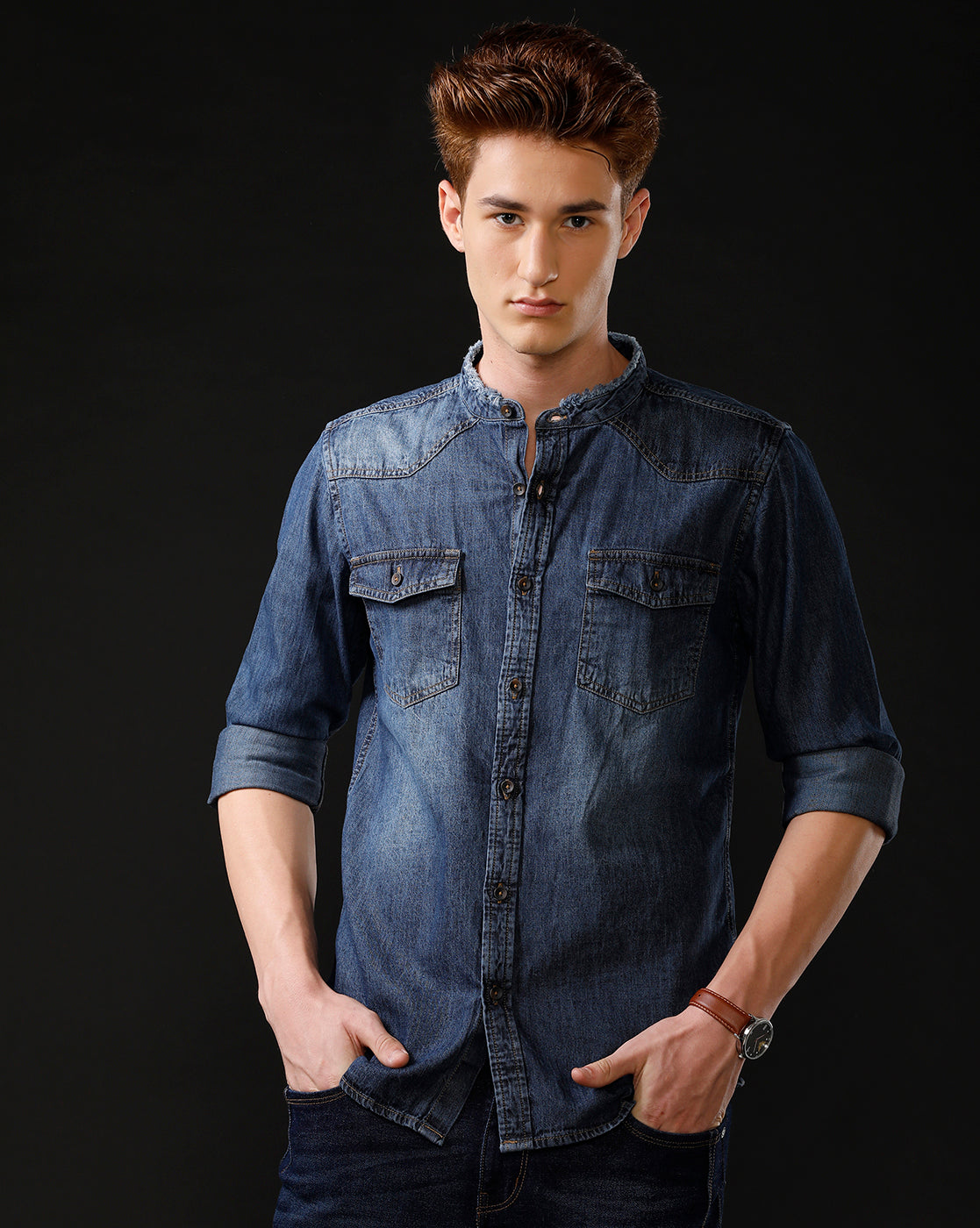 Men's Slim Fit Solid Denim Casual Shirt (MADOP)