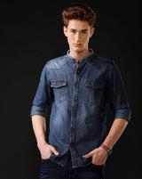 Men's Slim Fit Solid Denim Casual Shirt (MADOP)