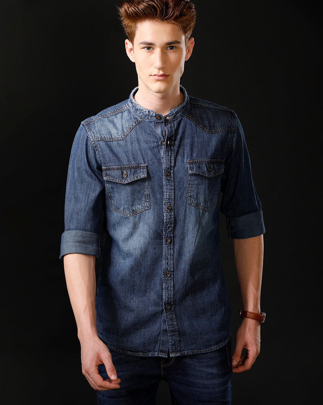 Men's Slim Fit Solid Denim Casual Shirt (MADOP)