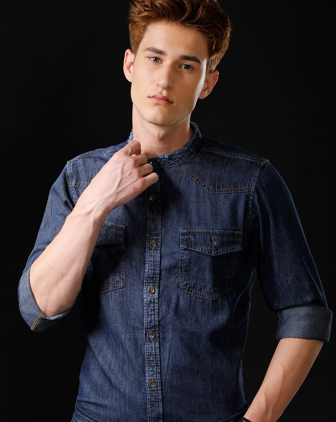 Men's Slim Fit Solid Denim Casual Shirt (MADIS)