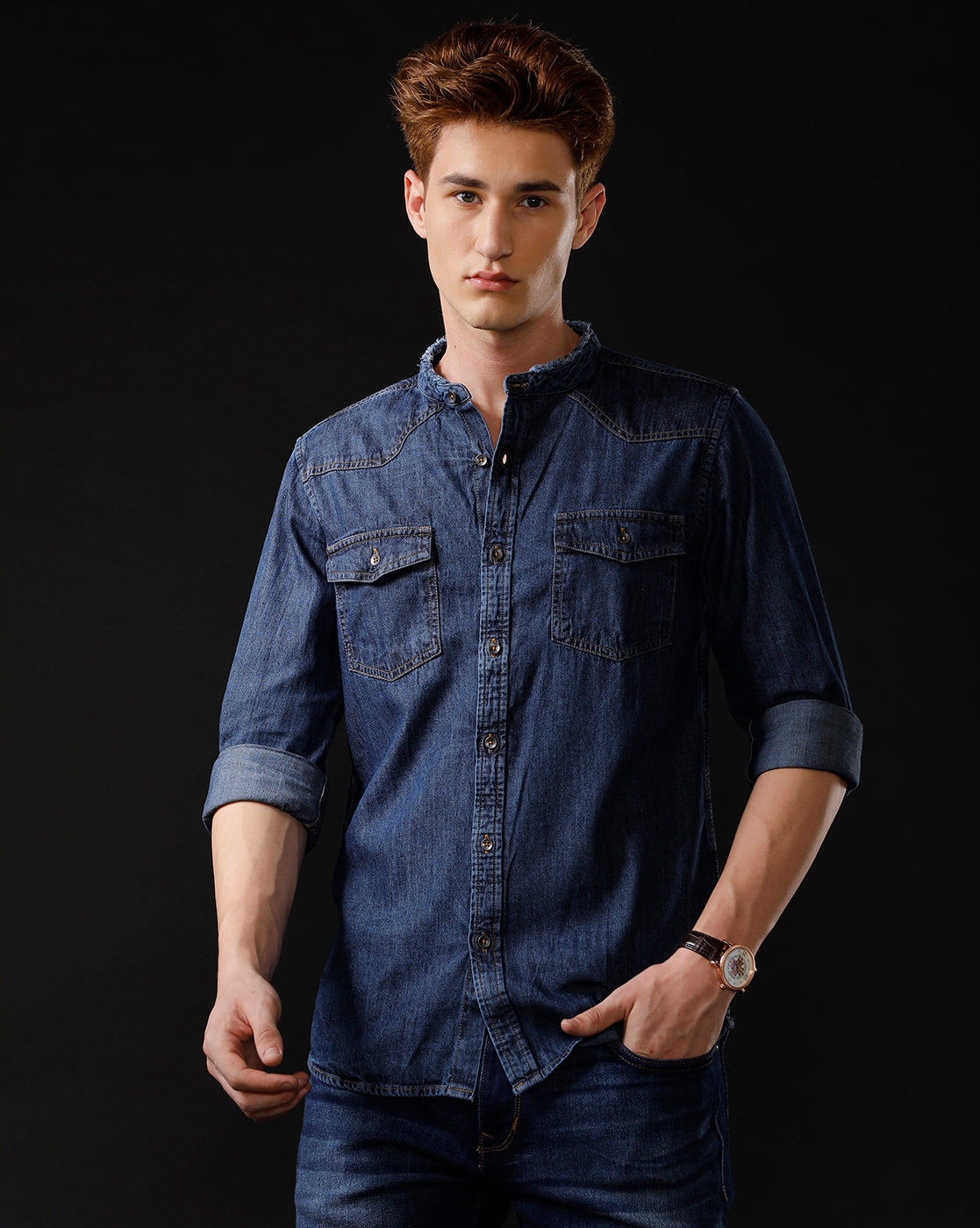 Men's Slim Fit Solid Denim Casual Shirt (MADIS)