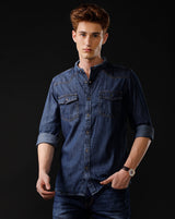 Men's Slim Fit Solid Denim Casual Shirt (MADIS)