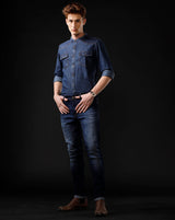 Men's Slim Fit Solid Denim Casual Shirt (MADIS)