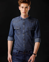 Men's Slim Fit Solid Denim Casual Shirt (MADIS)