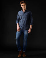 Men's Slim Fit Solid Denim Casual Shirt (MADON)